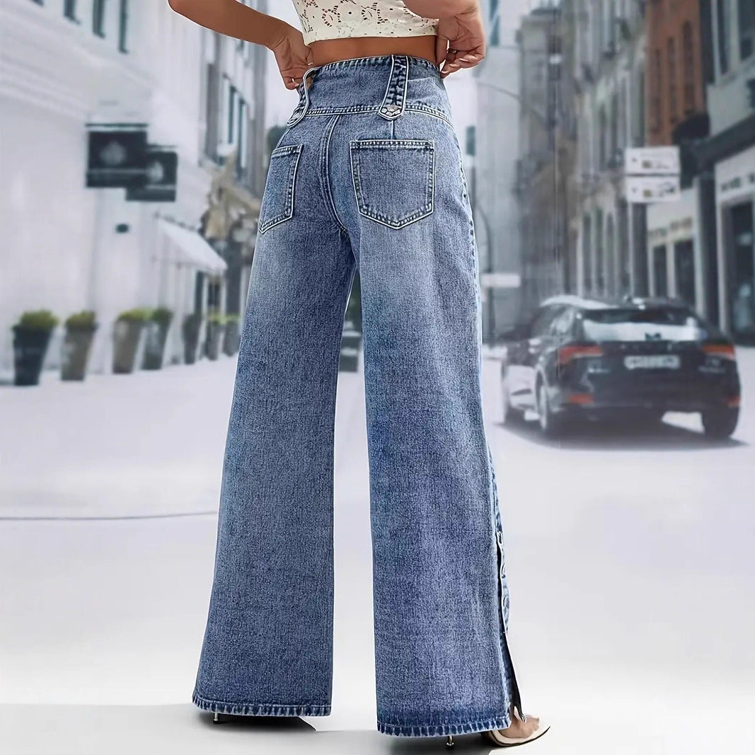 Vintage Wash Button Waist Side Slit Wide Leg Jeans