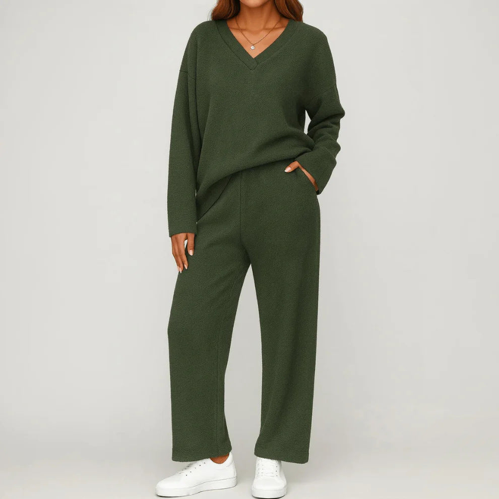 Women's V-Neck Knit 2 Piece Lounge Set Wide Leg Pants