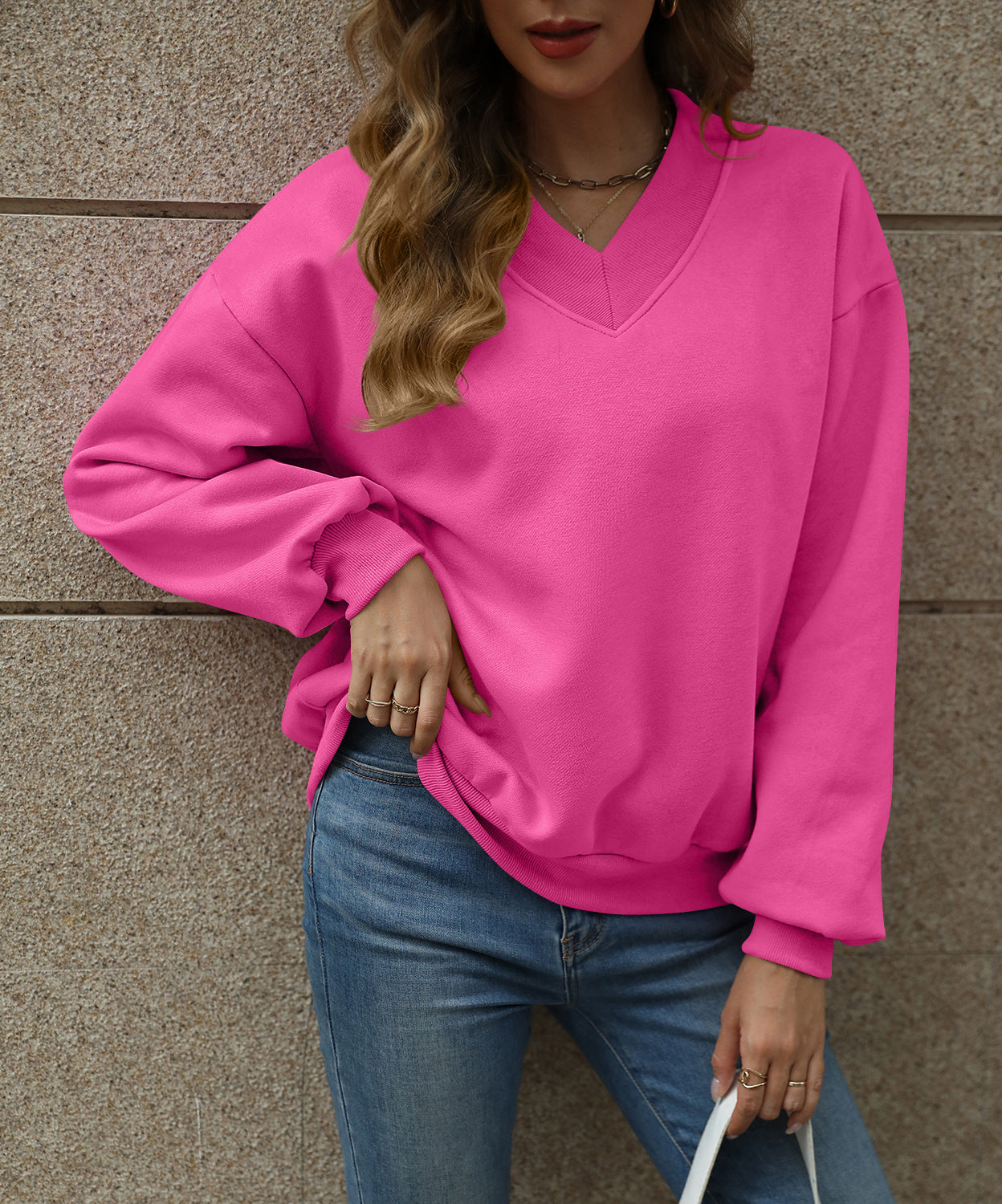 Solid Sweatshirt Casual Oversized V-Neck Pullover