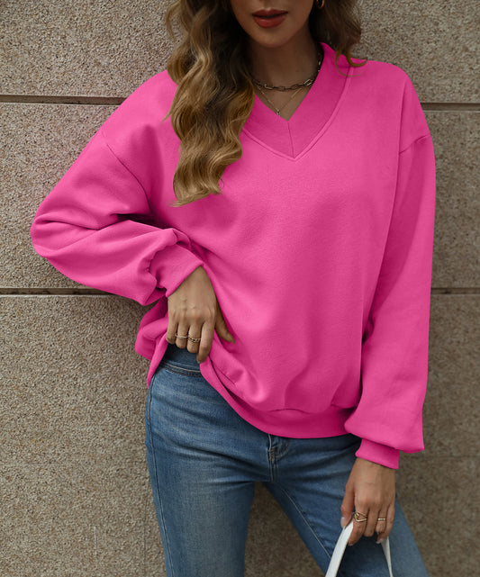 Solid Sweatshirt Casual Oversized V-Neck Pullover