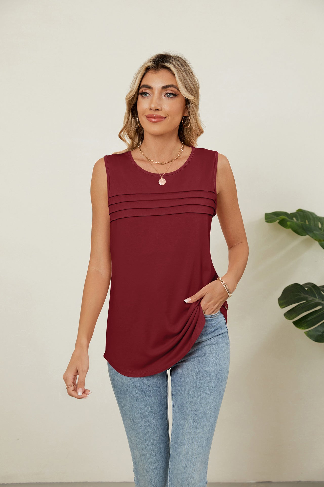 Solid Color Loose Fit Sleeveless Crew Neck Tank Top