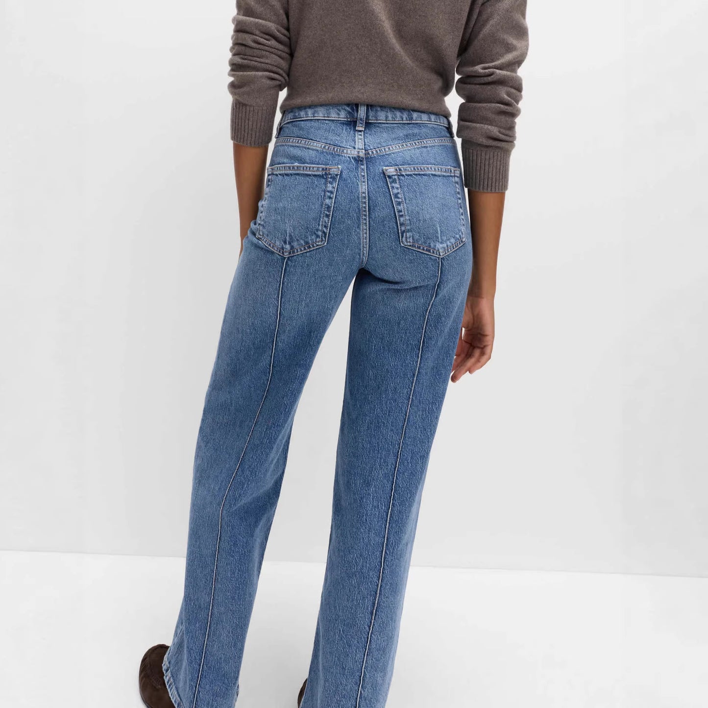 High Rise Seam Detail Wide Leg Denim Jeans