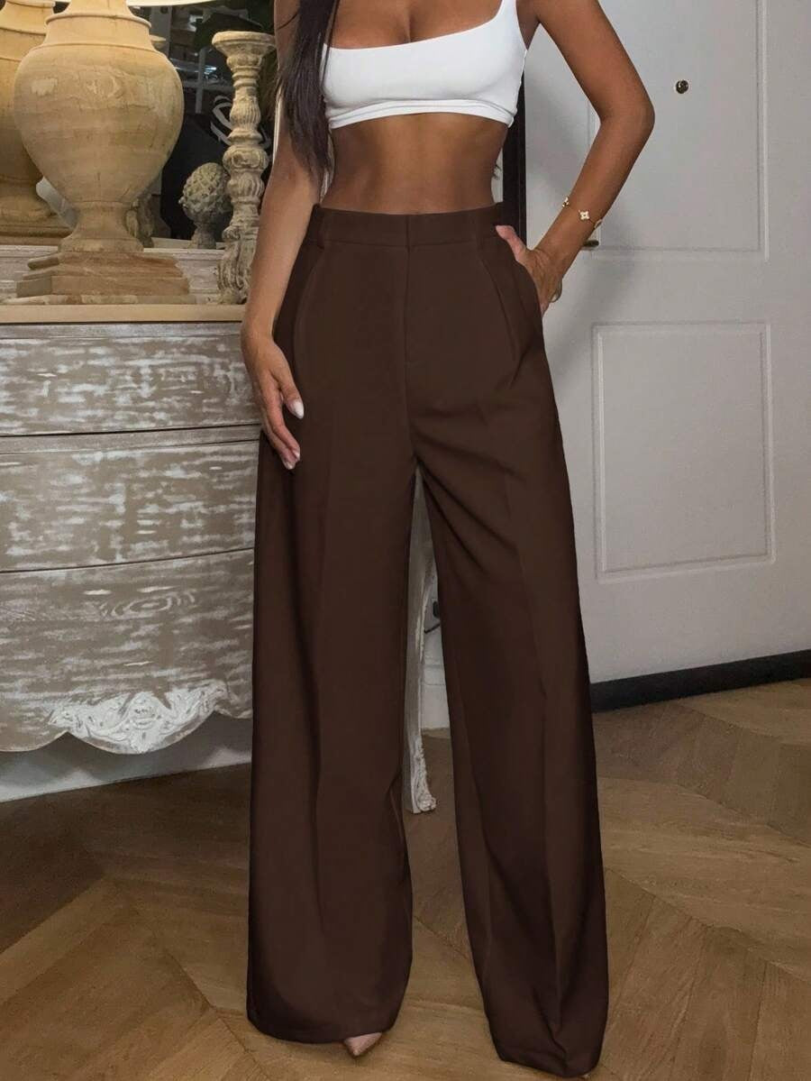 Solid High Waisted Wide Leg Dress Pants Business Work Trousers