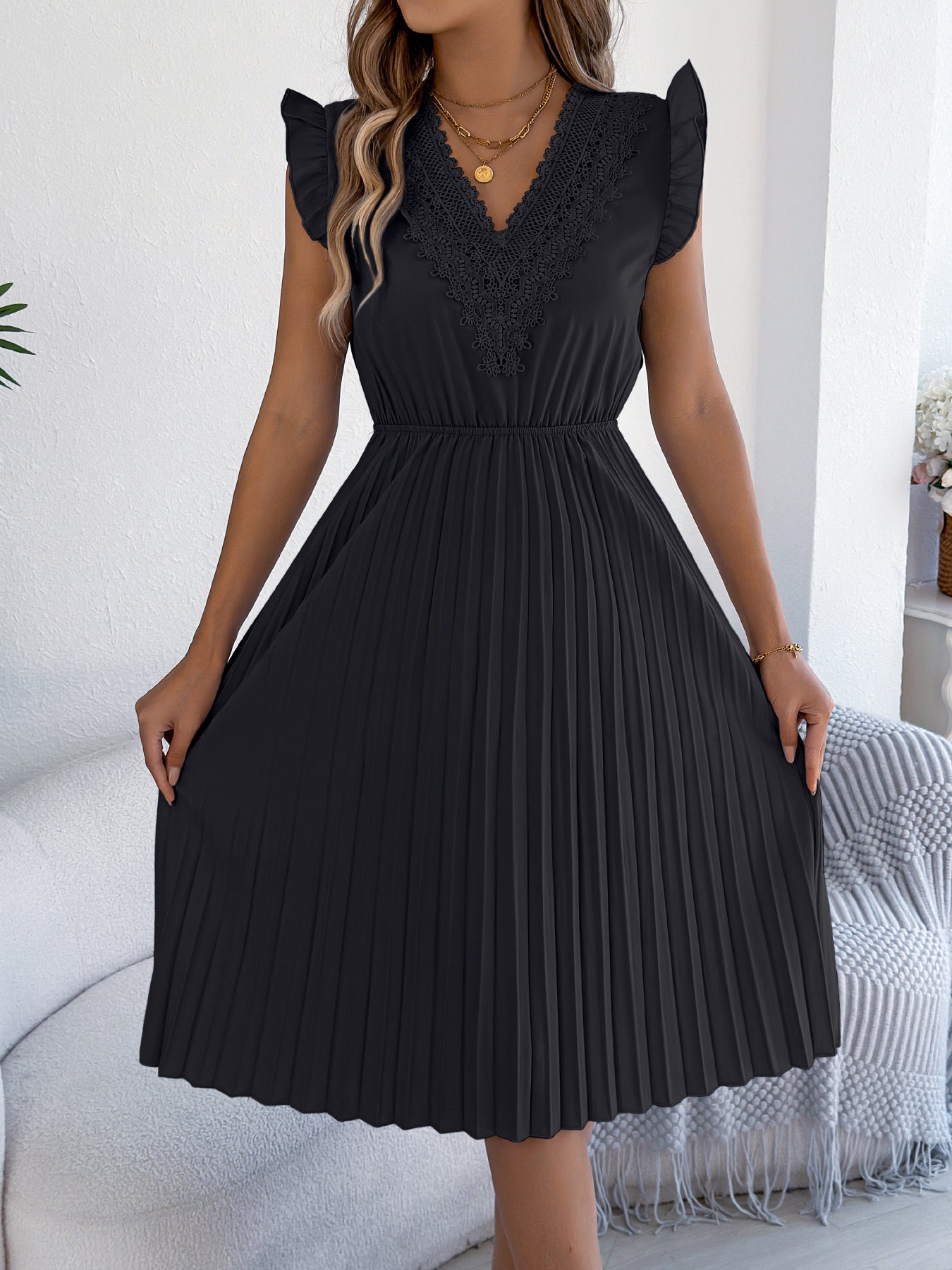 Pink Lace V Neck Pleated Midi Dress with Flutter Sleeves