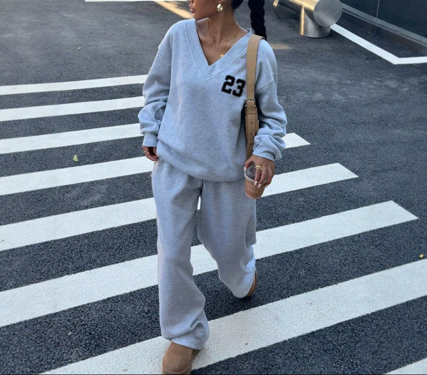 V Neck Graphic Sweatshirt Wide Leg Pants Set