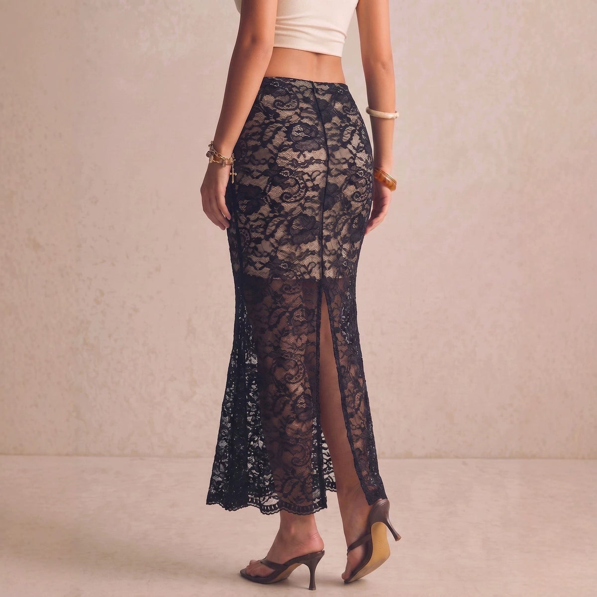Black Lace Maxi Skirt High Waist Slit Floral Sexy