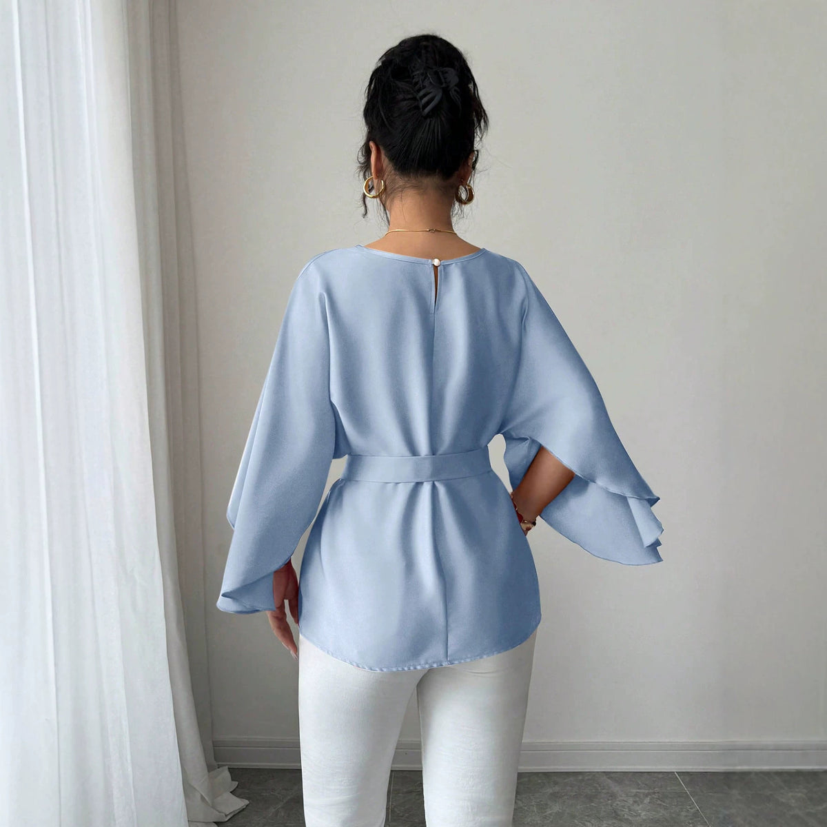 Women's French Vintage Bell Sleeve Belted Round Neck Blouse