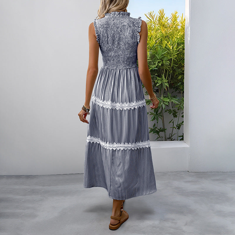 Striped Lace Trim Sleeveless Midi Dress for Summer