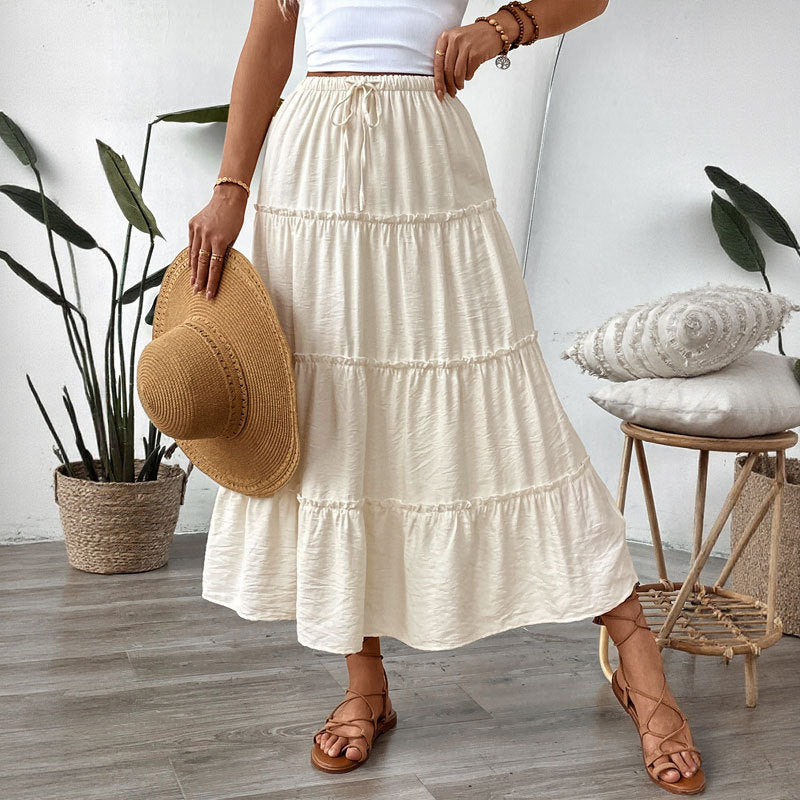 White Elastic Waist Casual Long A Line Tiered Skirt