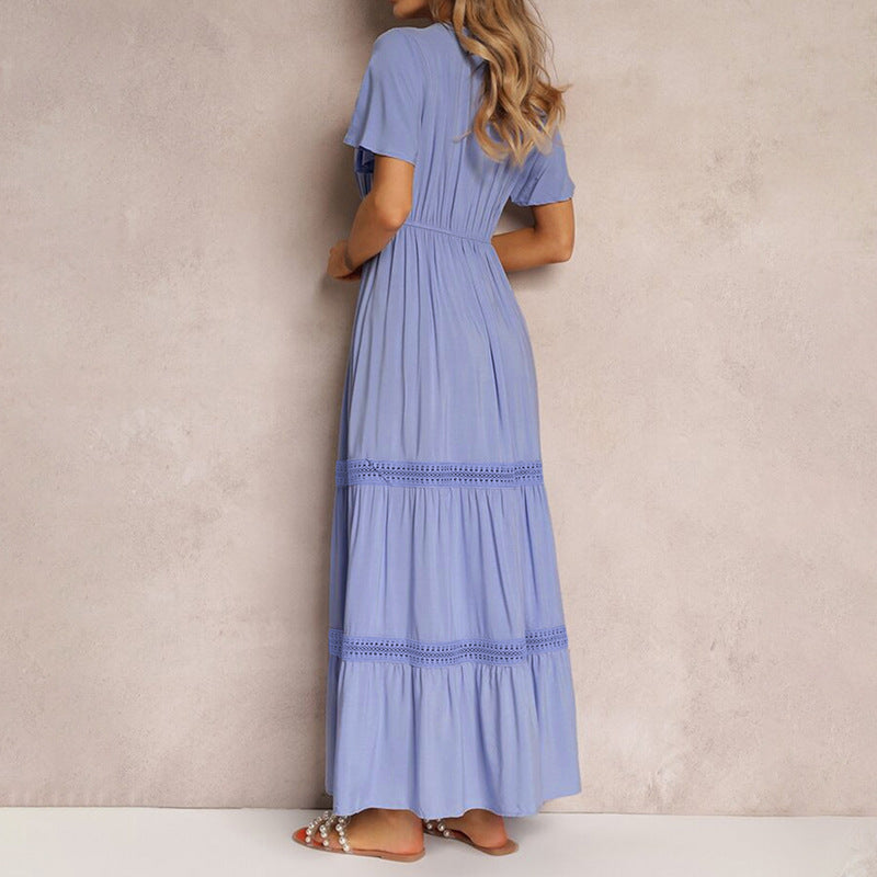 Blue V Neck Ruffle Sleeve Maxi Dress Elegant Summer