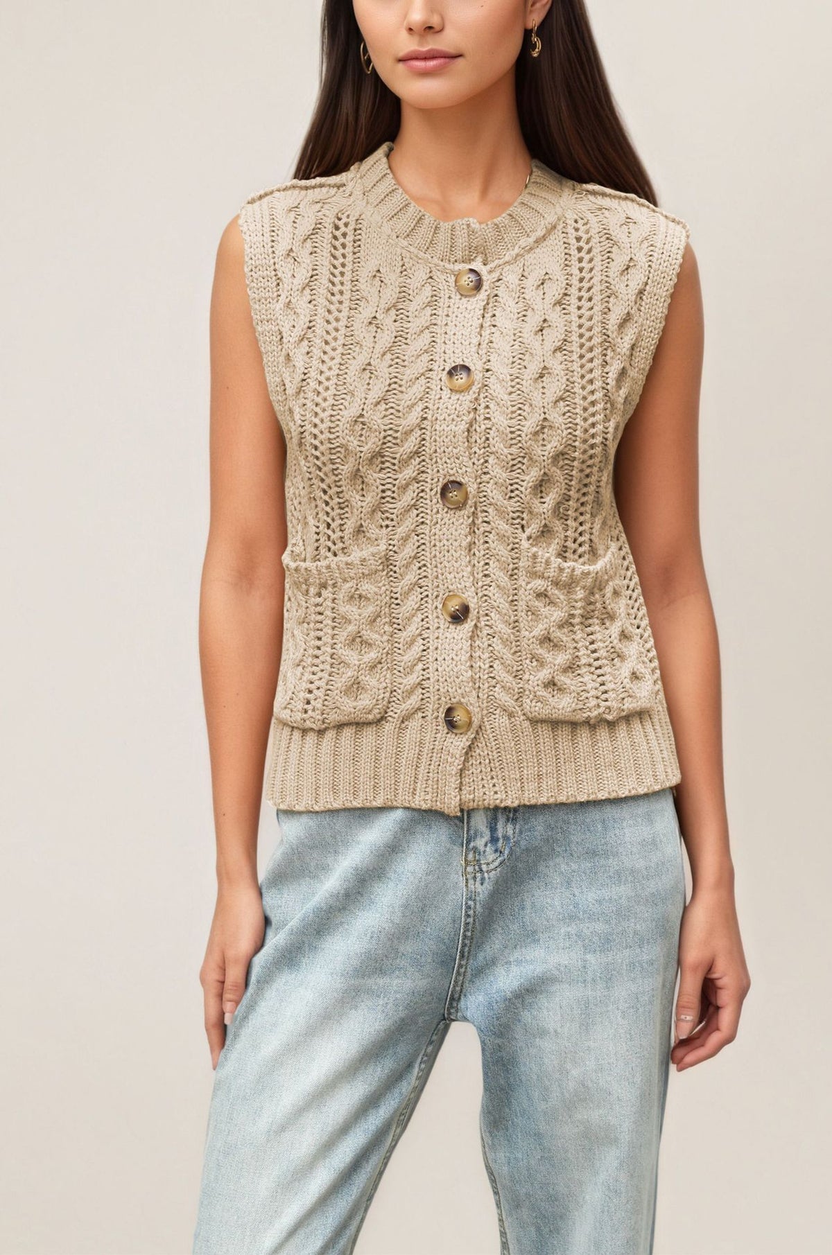 Women's Cable Knit Sleeveless Cardigan Vest Button Front