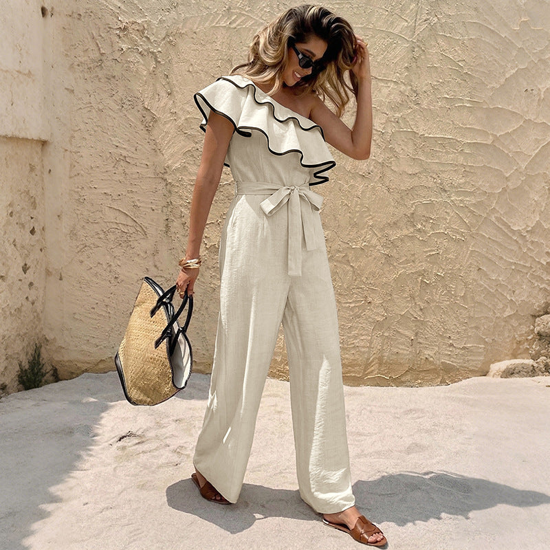 Women One Shoulder Ruffle Wide Leg Jumpsuit
