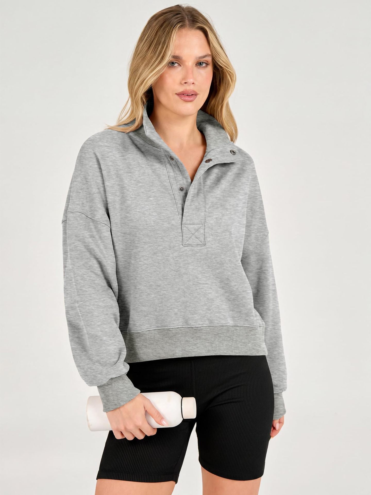 Cropped Henley Sweatshirt Collared Relaxed Fit