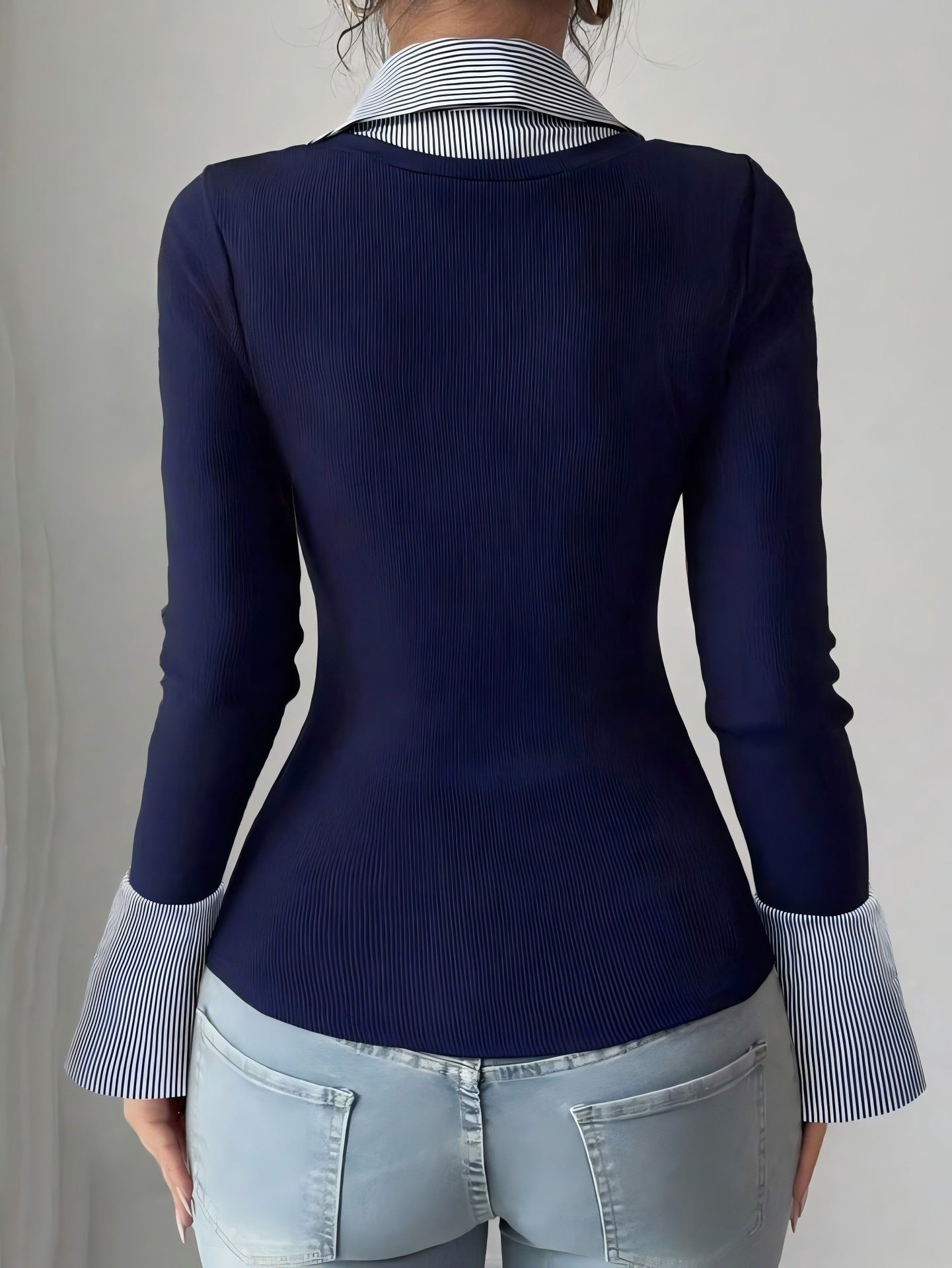 Office V Neck Layered Collared Knit Top Long Sleeve Tee