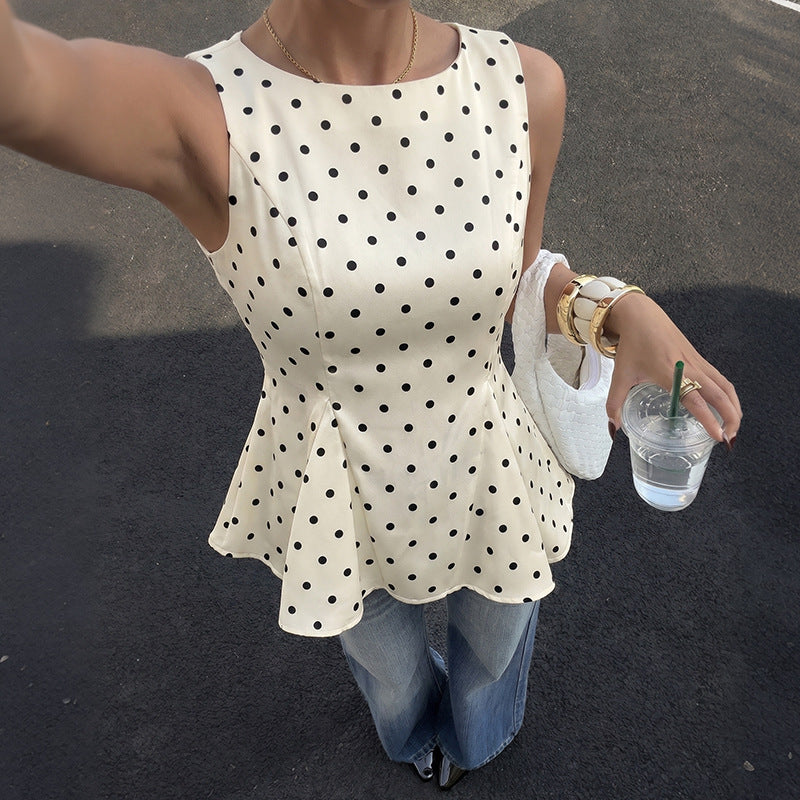 Polka Dot Woven Top Vintage Peplum Sleeveless
