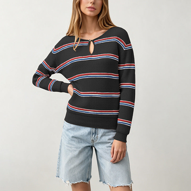 Women's Striped Keyhole Crew Neck Knit Sweater