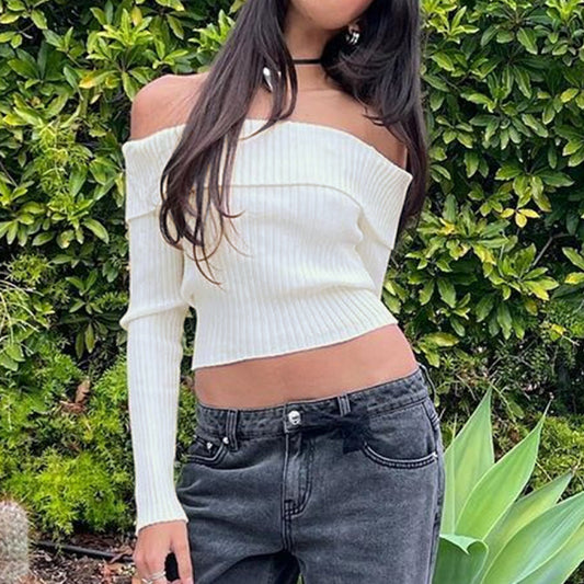 Off Shoulder White Knit Crop Top Long Sleeve Sweater