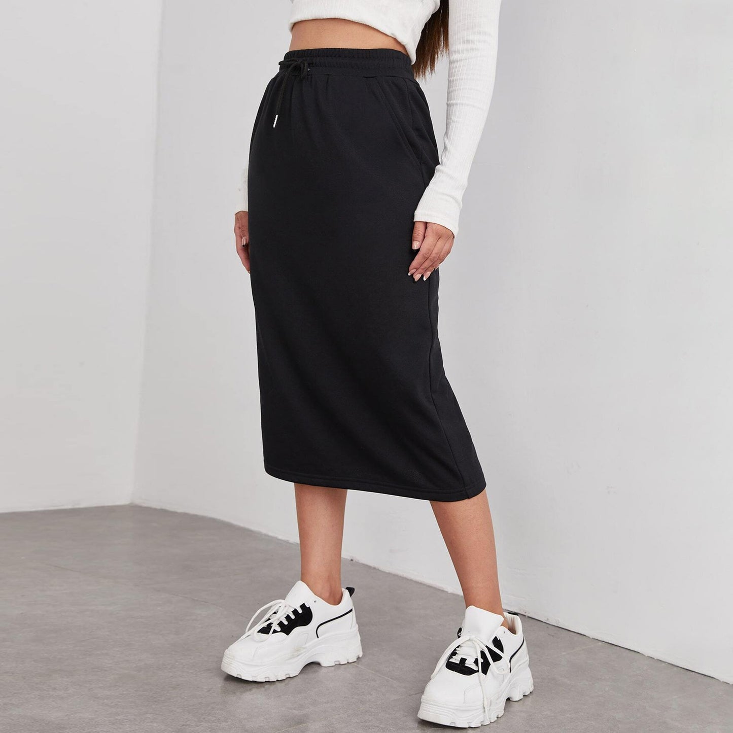 Solid Cotton Blend Skirt Casual Midi Drawstring Pocket