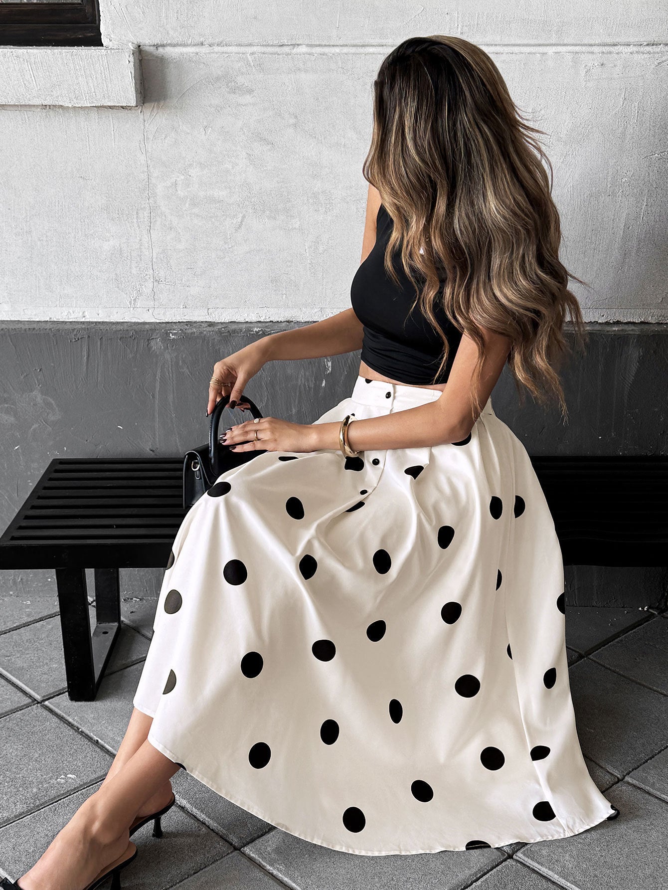 Polka Dot Midi Skirt Vintage High Waist Swing