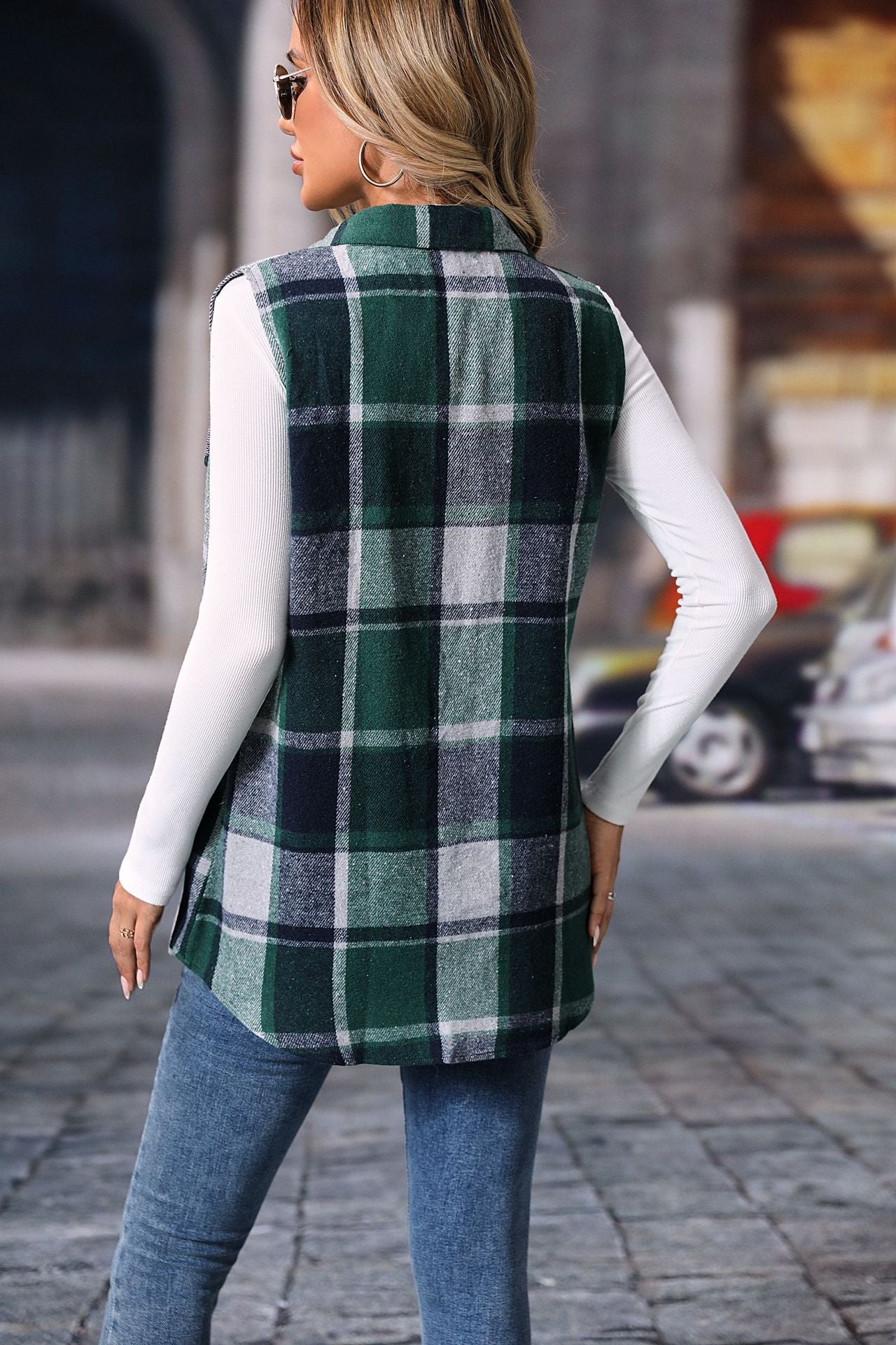 Plaid Shacket Vest with Pockets, Sleeveless Oversized