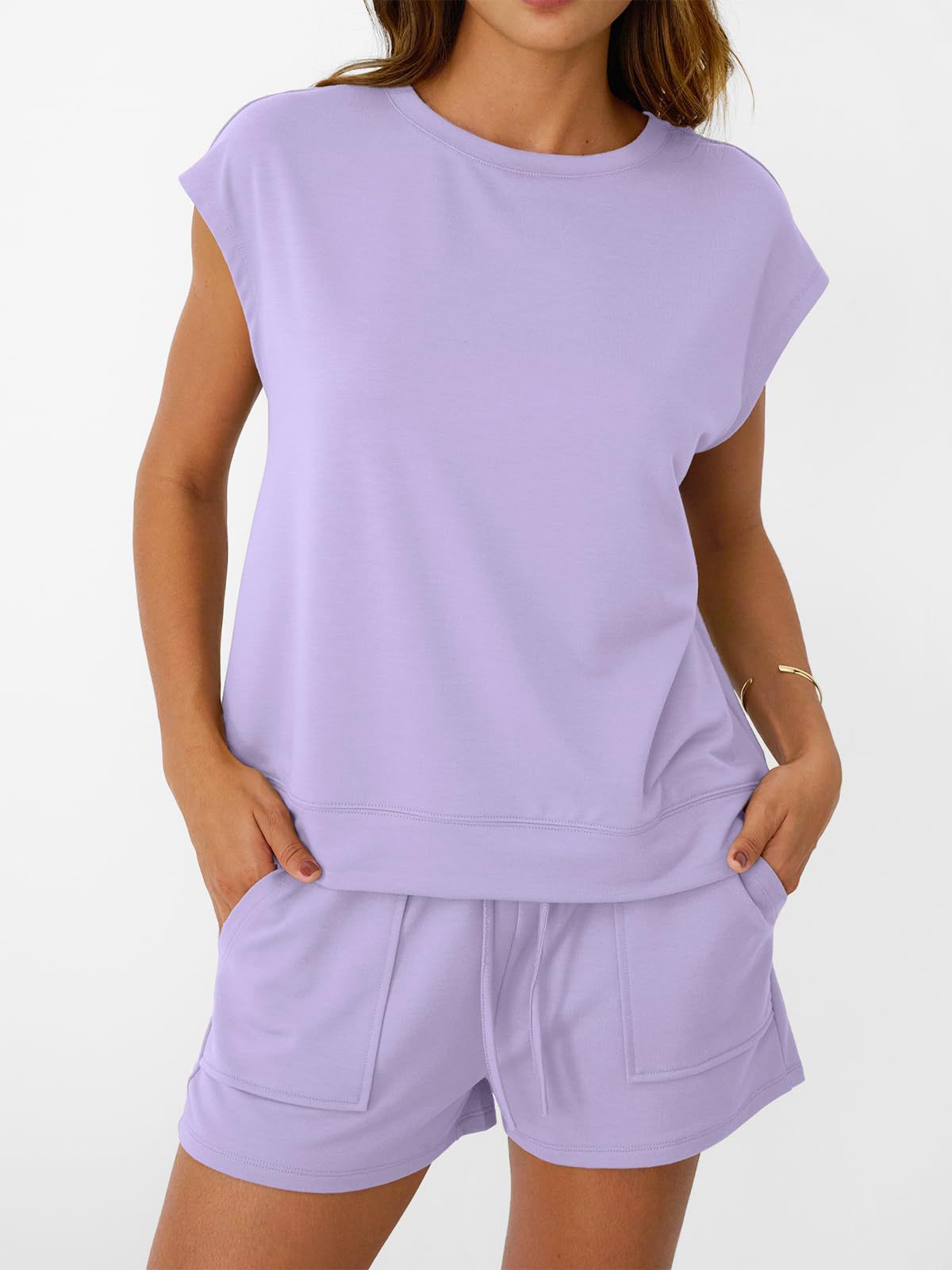 Solid Knit Lounge Set Casual Drawstring Pocket