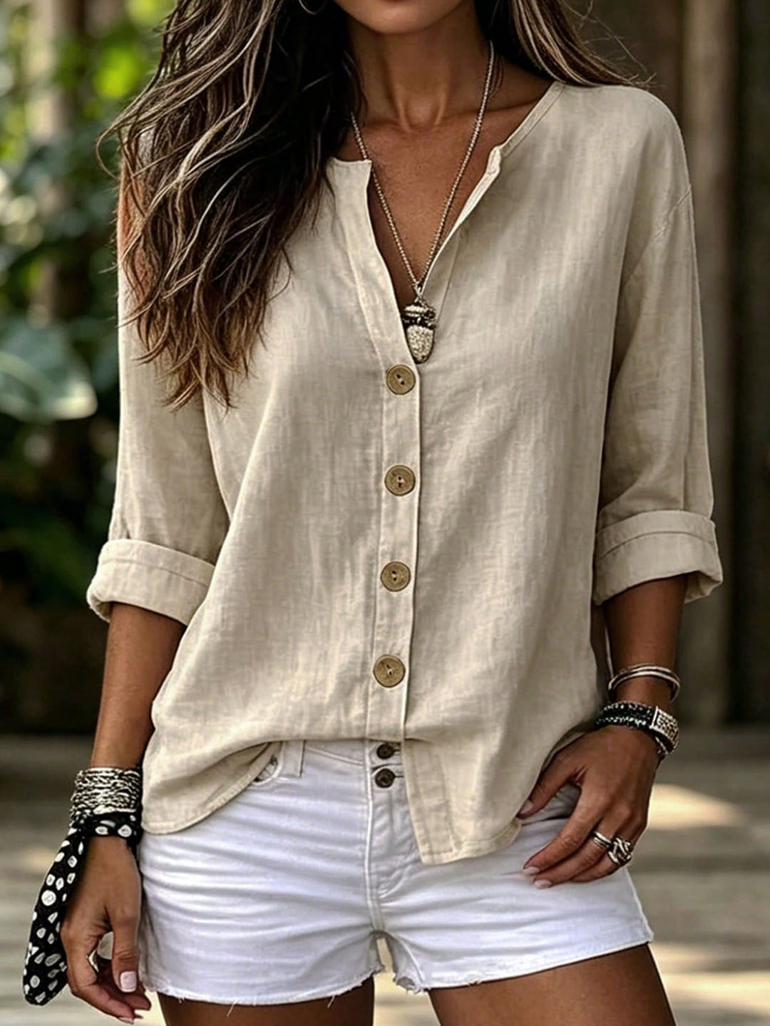 Women's Relaxed V-Neck Button Up Roll Sleeve Blouse