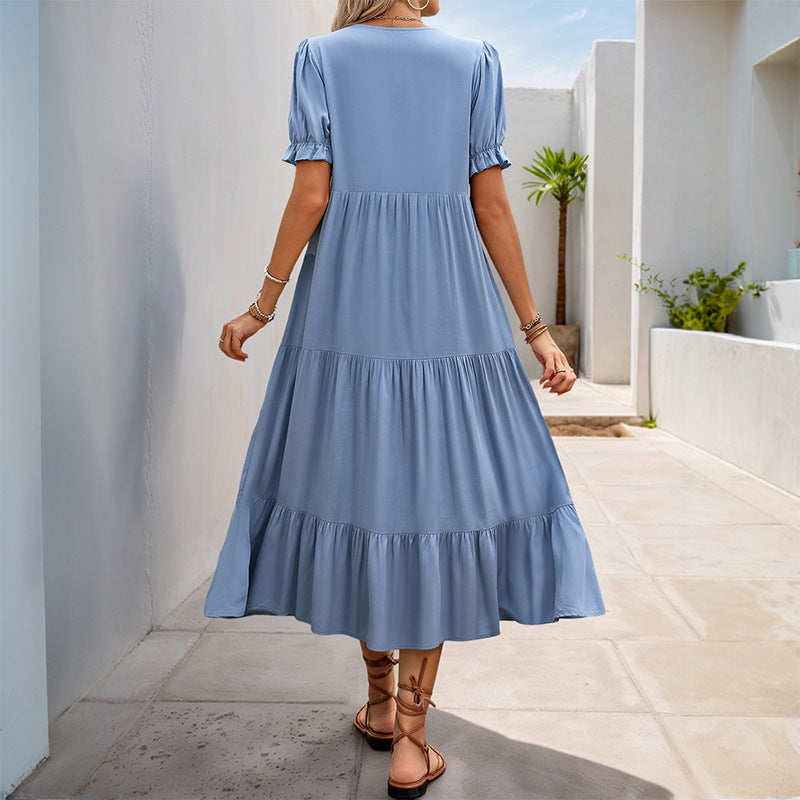 2025 Summer A-Line Solid Color Mid-Length Stand-Up Neck Dresses