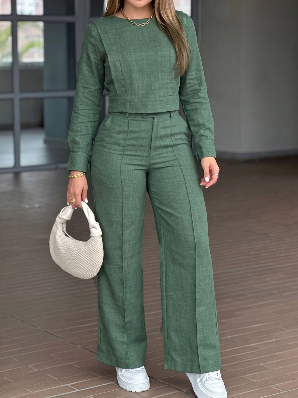 Women's Green 2 Piece Crop Top Wide Leg Pants Set