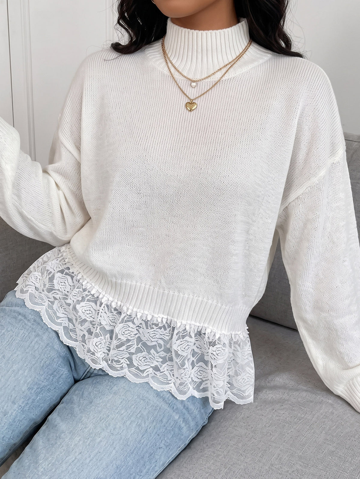 Oversized Layered Lace Hem Turtleneck Sweater