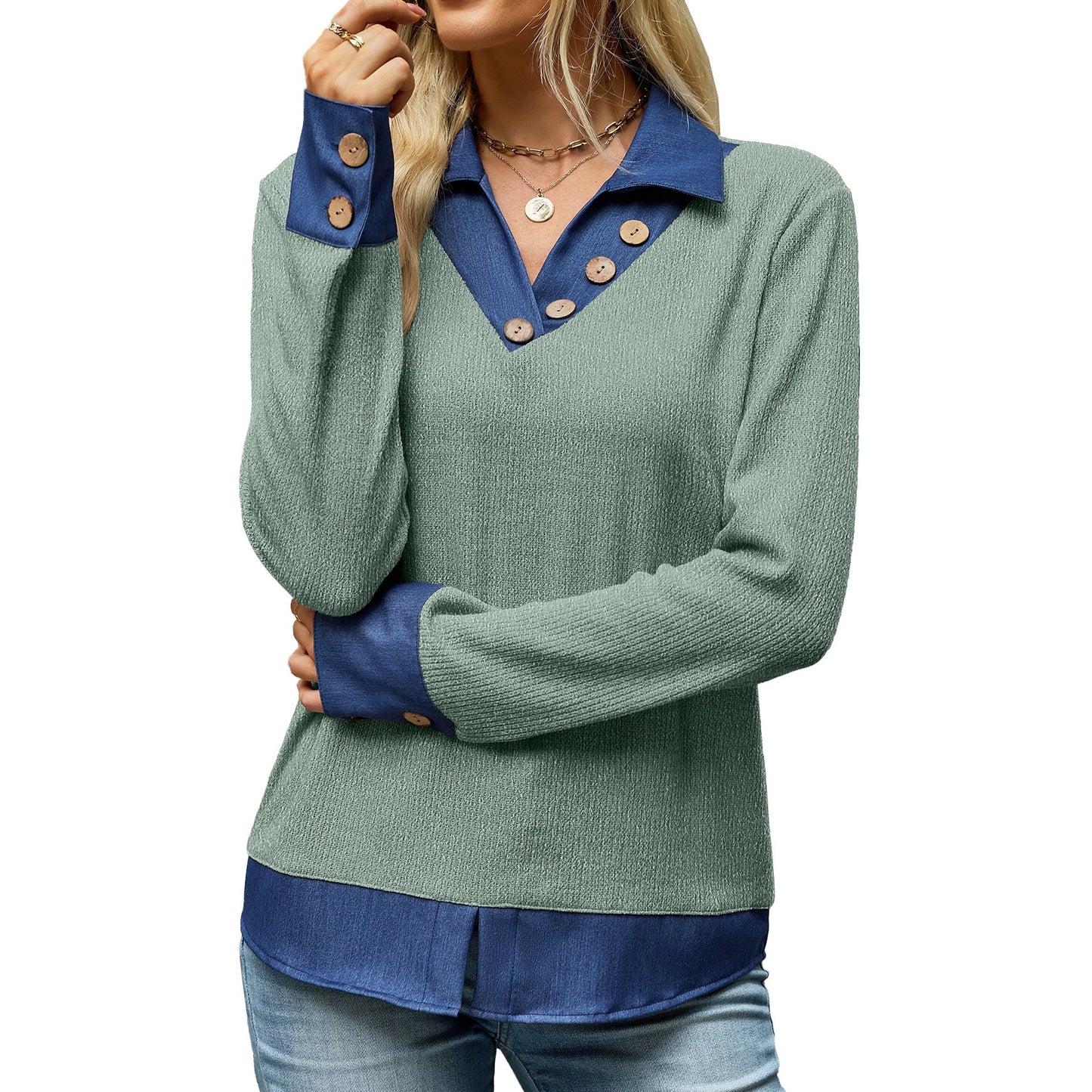Women's Color Block Denim Collar Pullover Sweatshirt