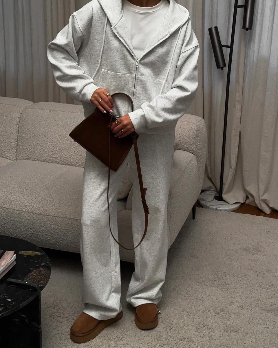 Two Piece Lounge Set with Zip-Up Hoodie & Wide-Leg Pants