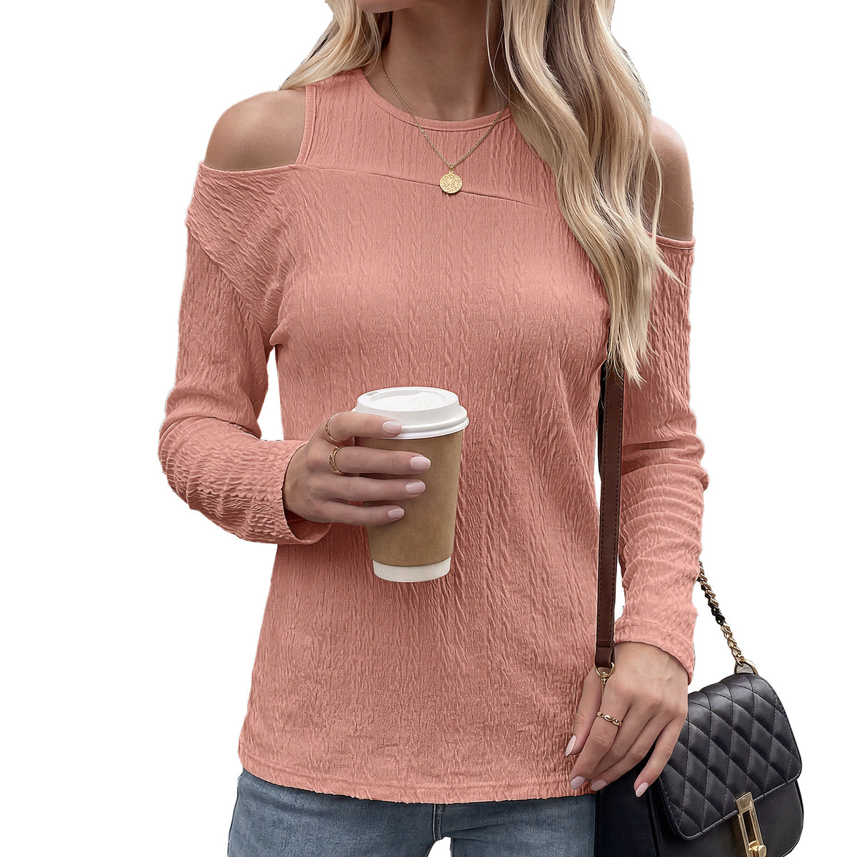 Women's Cold Shoulder Long Sleeve Tunic Top Textured Loose