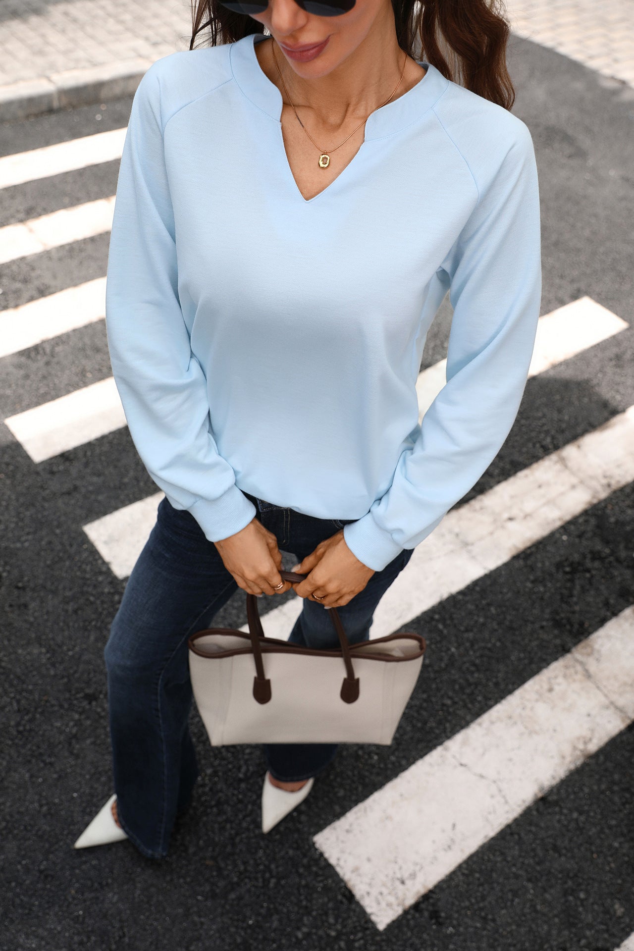 Solid Sweatshirt V Neck Casual Oversized Pullover
