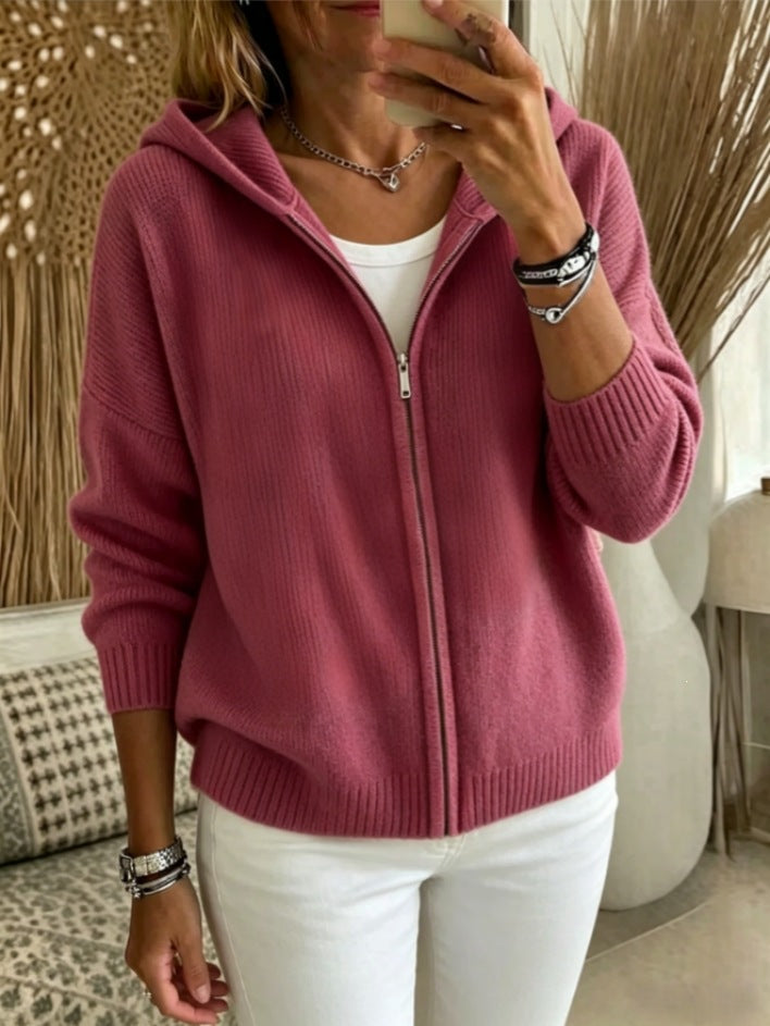 Hooded Zip Up Drop Shoulder Knit Cardigan