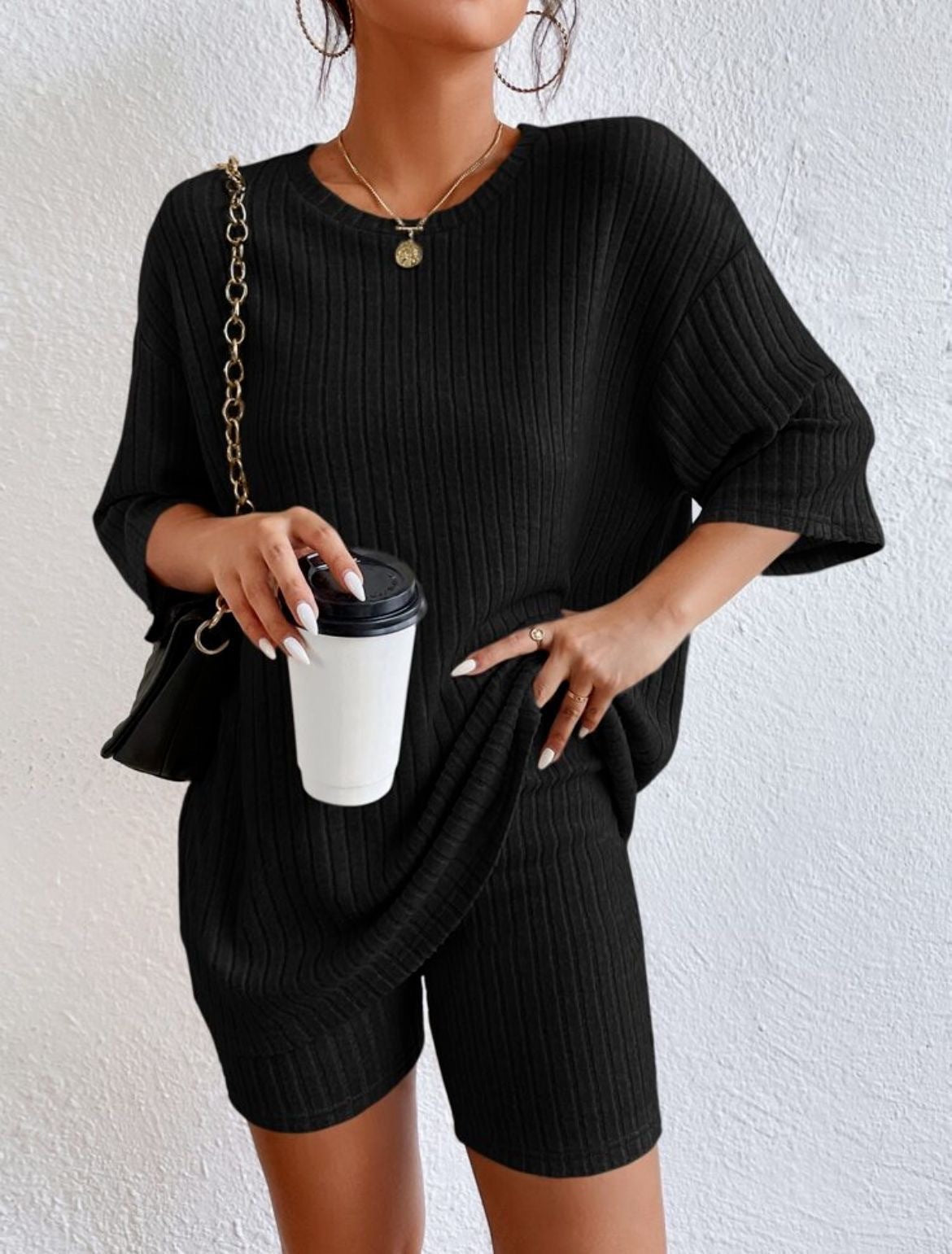 Ribbed Knit Two Piece Set Oversized Top & Biker Shorts