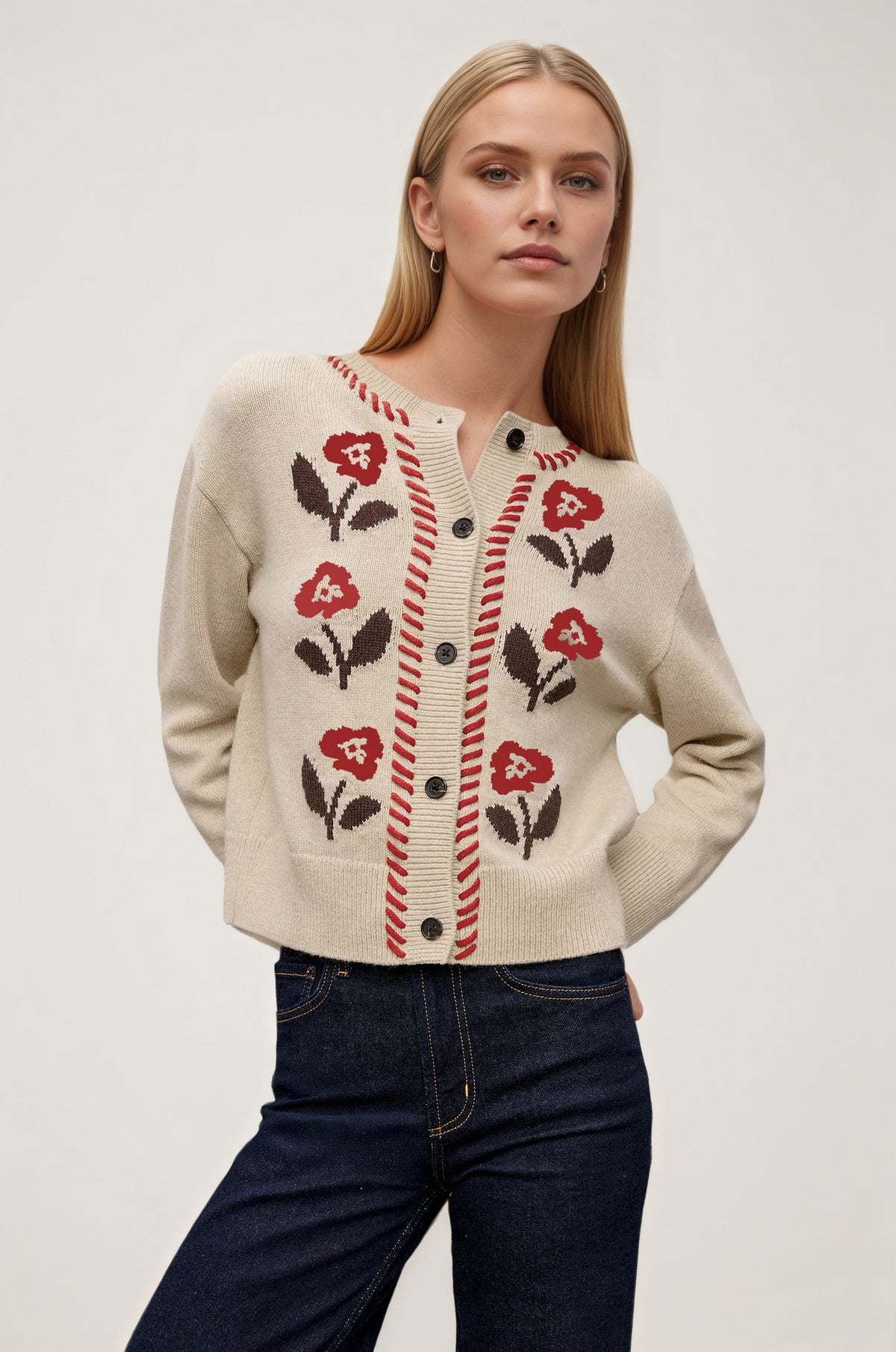 Women's Vintage Floral Knit Button Cardigan