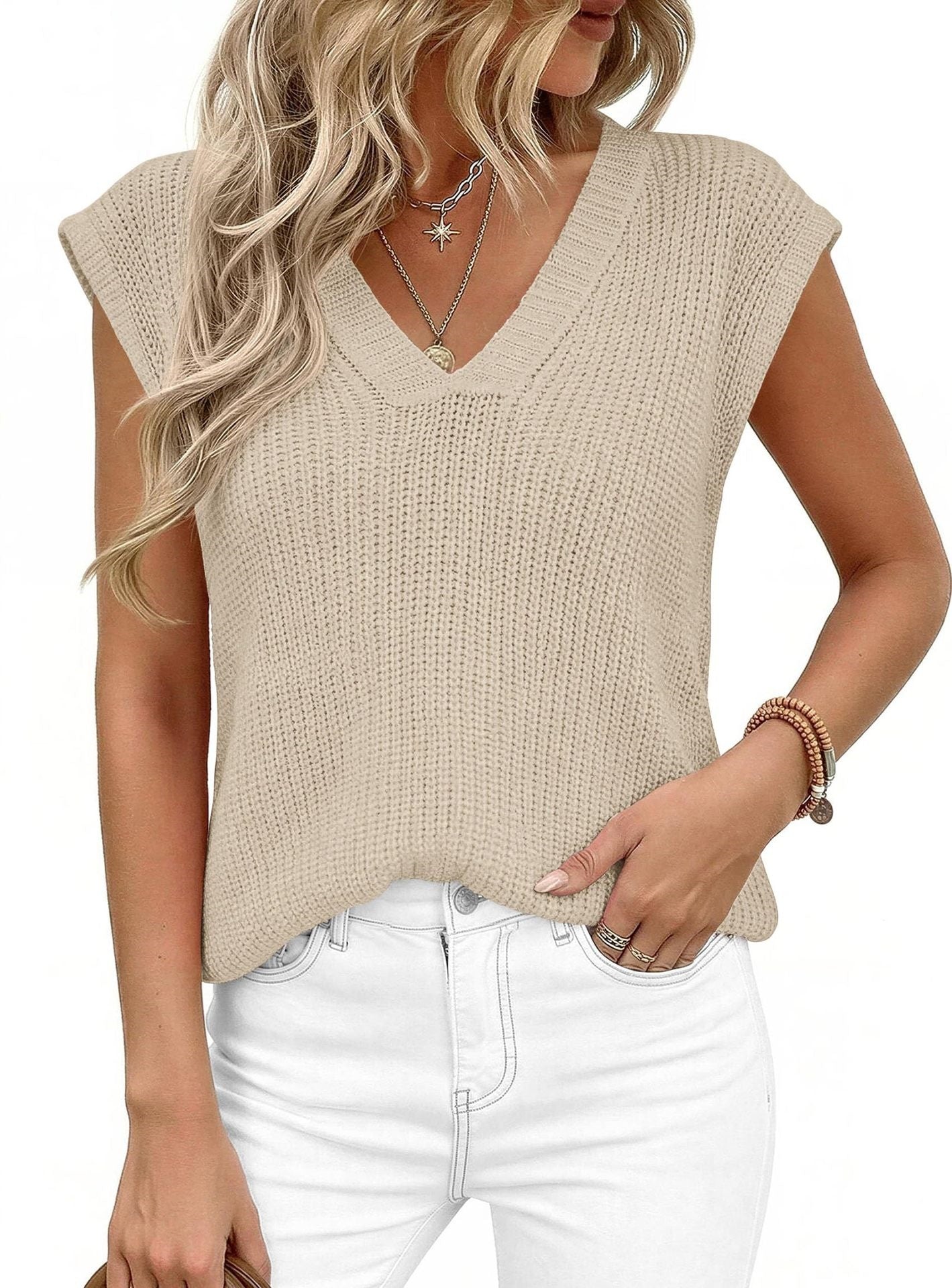 Women’s V Neck Sleeveless Knit Sweater Vest Loose Casual Summer Pullover Top