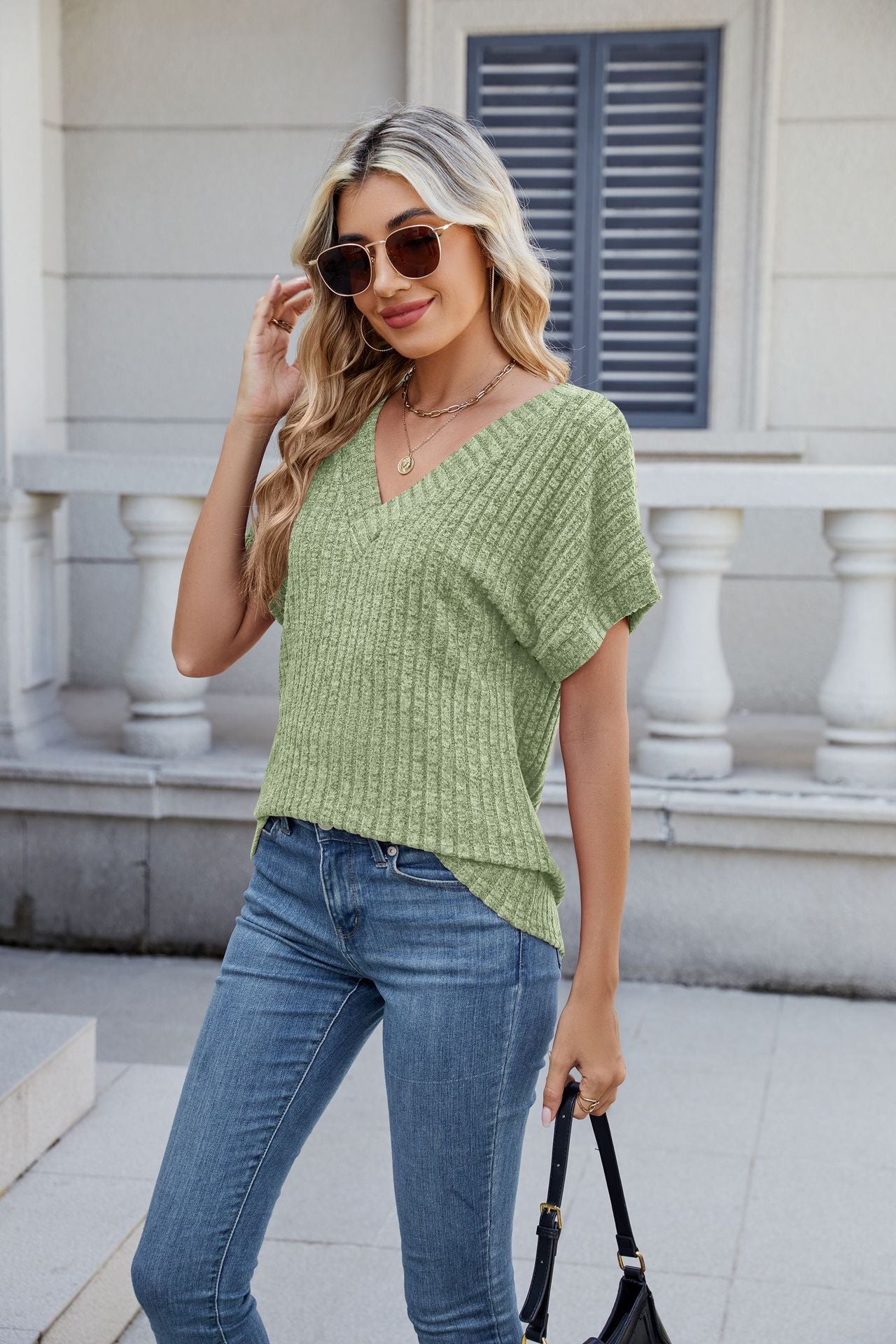 Ribbed Knit Top Casual Dolman Sleeve V Neck