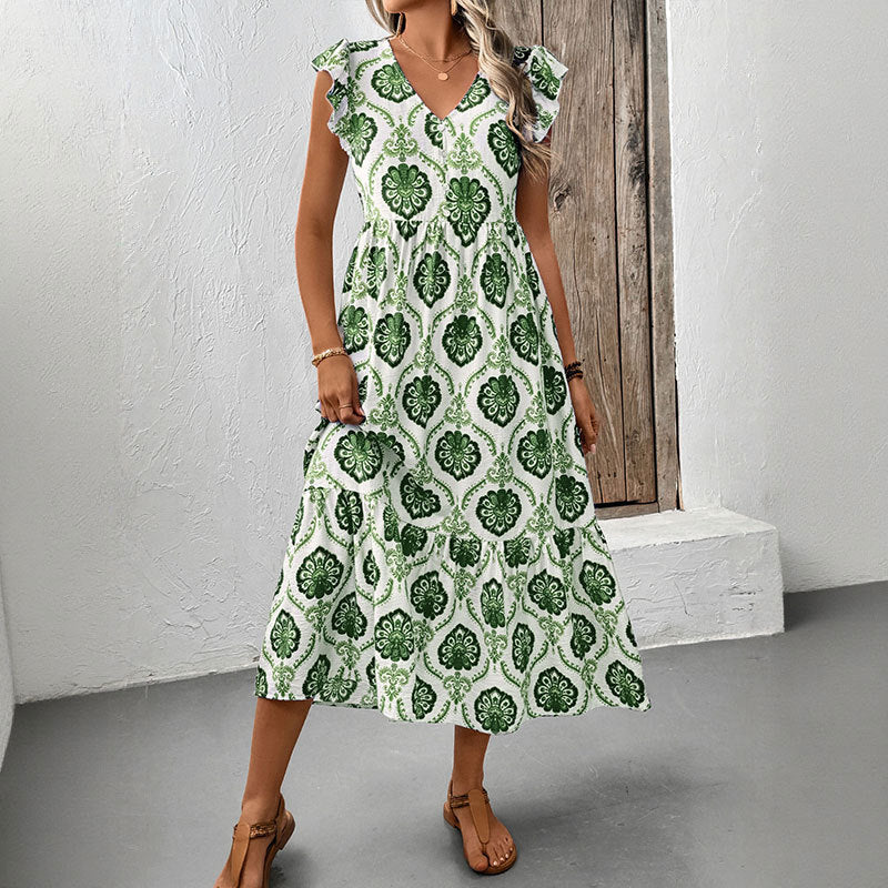 Loose-Fit Deep V-Neck Floral Print Maxi Dress - Stylish and Comfortable Women's Long Dress