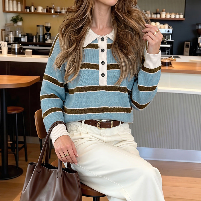 Striped Acrylic Sweater Preppy Polo Collar Relaxed Fit