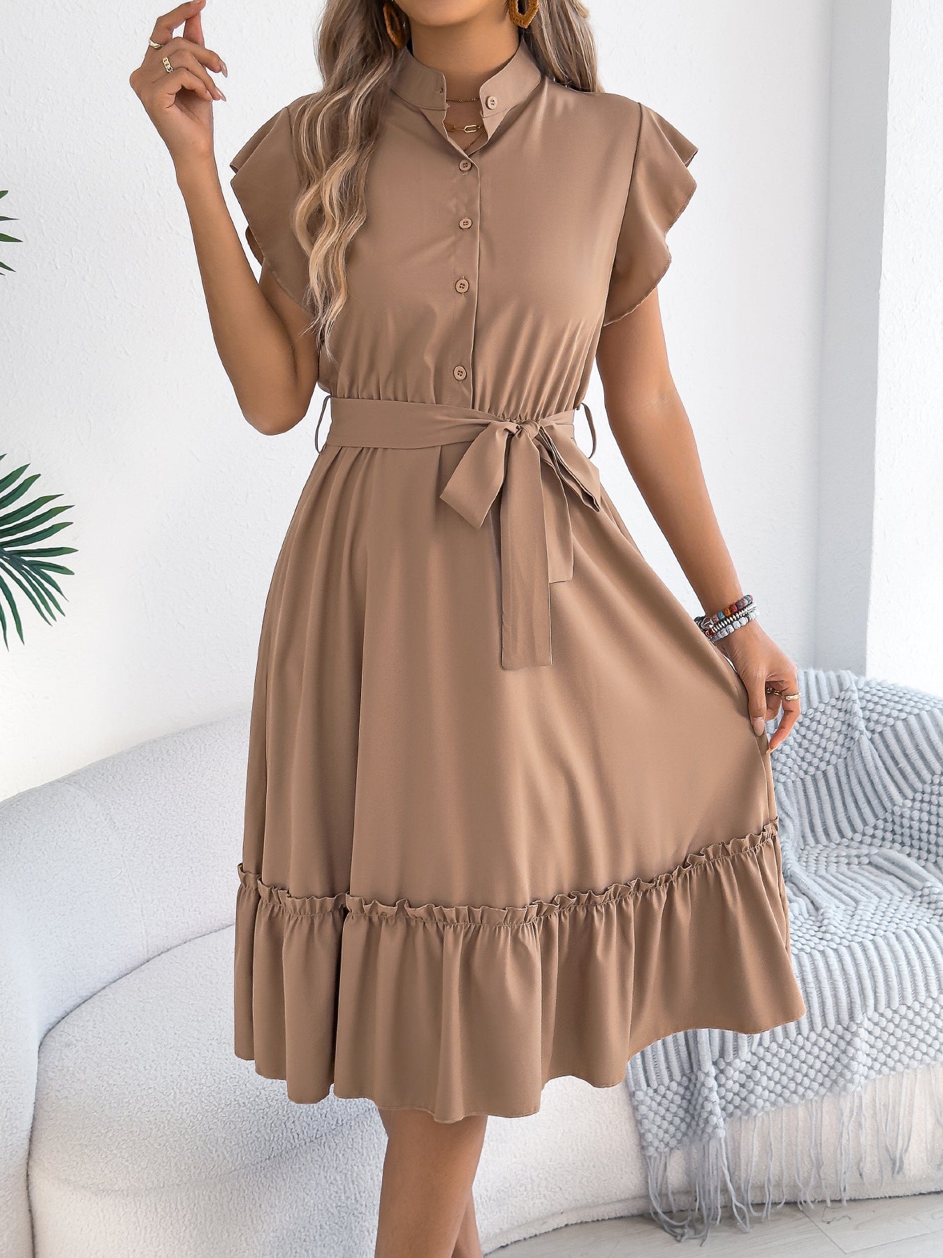 Light Blue Ruffle Hem Tie Waist Shirt Midi Dress