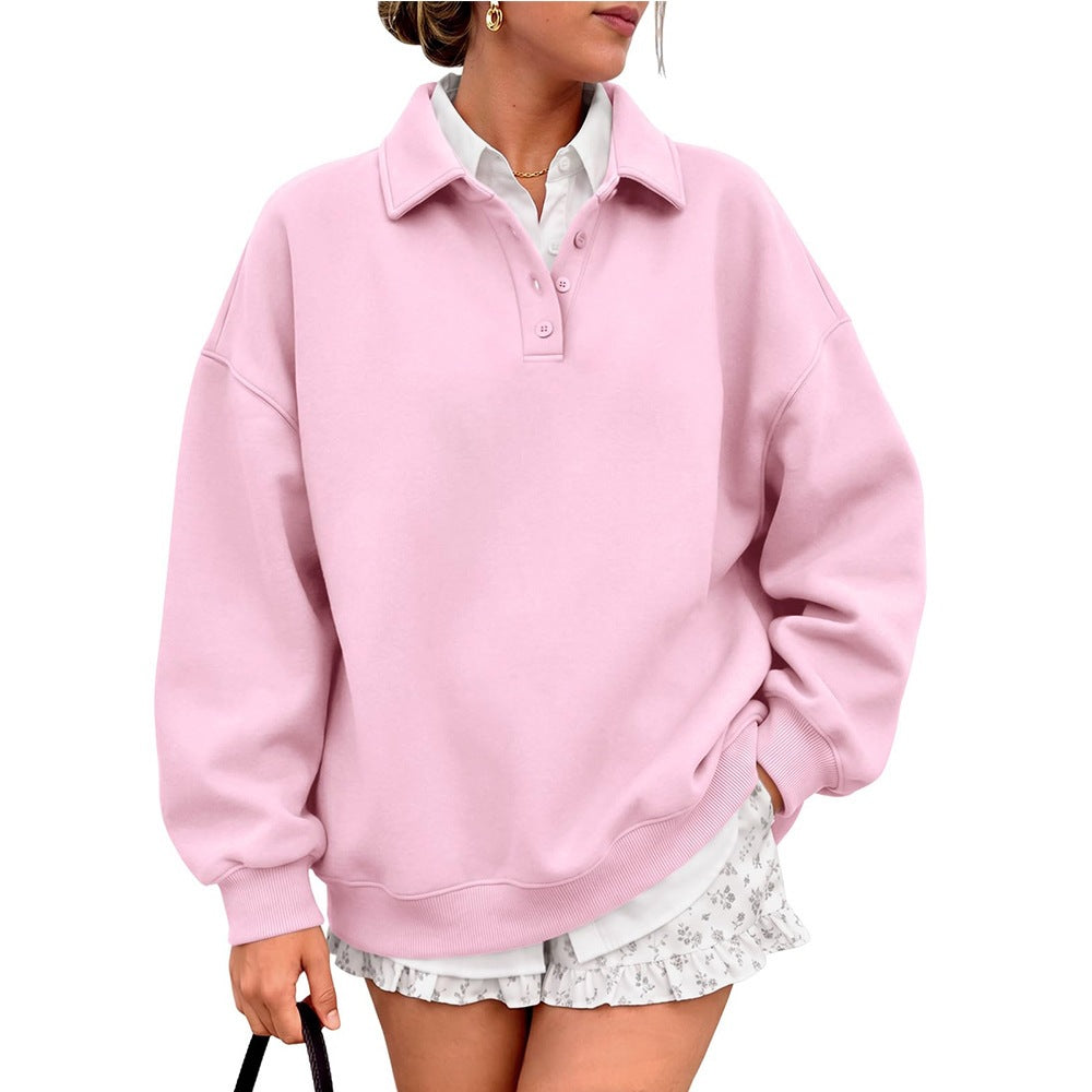 Polo Collar Fleece Pullover Oversized Casual Sweatshirt