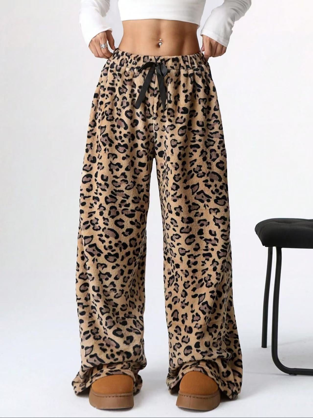 Leopard Print Wide Leg Lounge Pants High Waist Drawstring