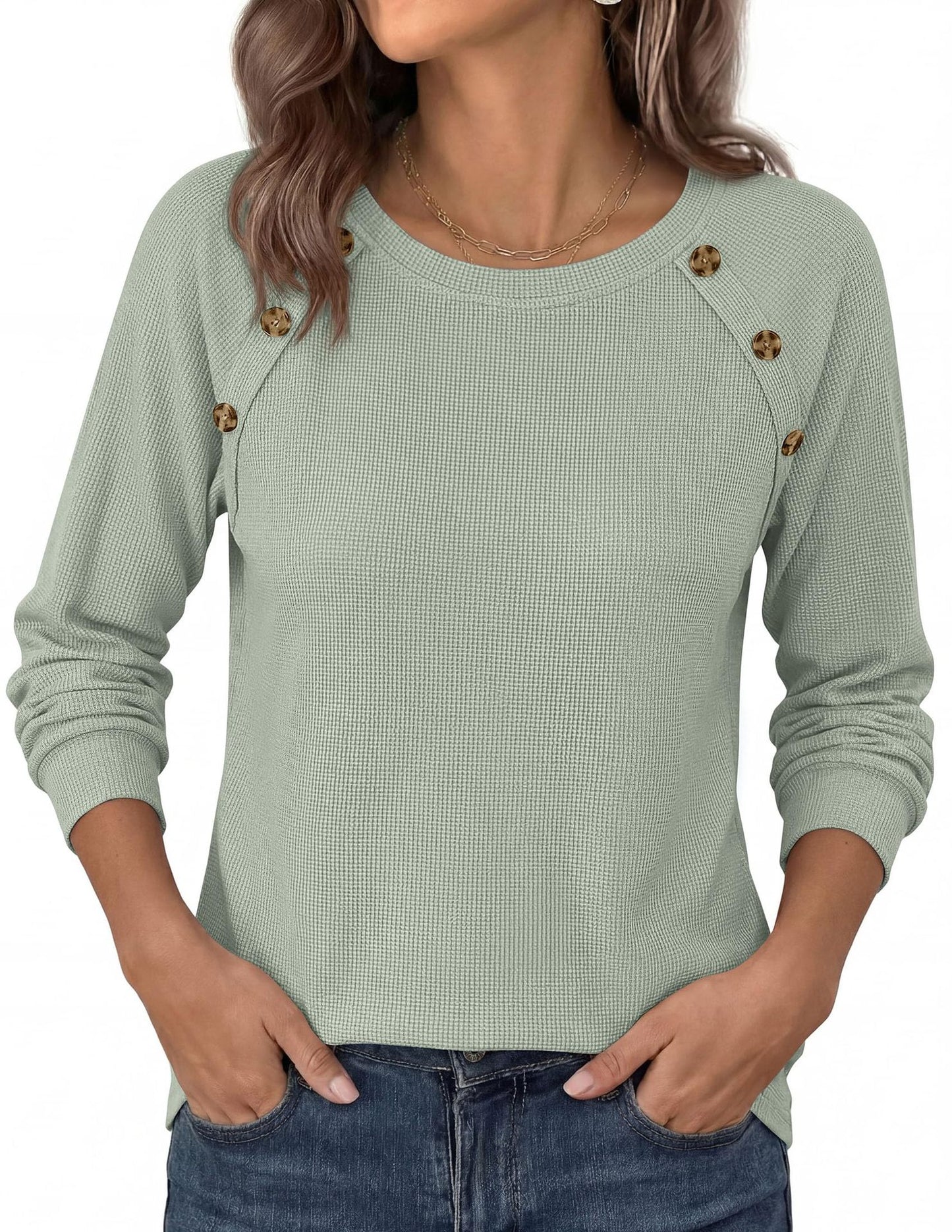 Waffle Knit Button Detail Top Long Sleeve Casual Pullover