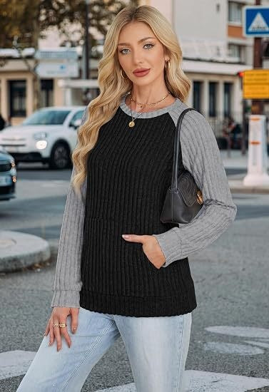 Ribbed Color Block Raglan Long Sleeve Pocket Tunic Top