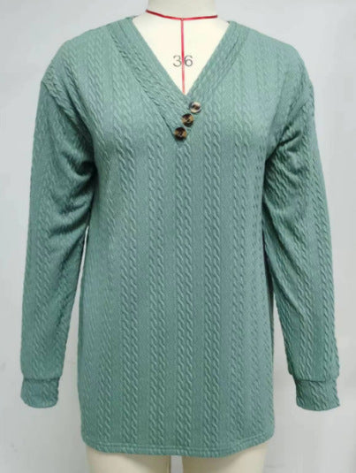Womens Loose V Neck Button Long Sleeve Textured Top