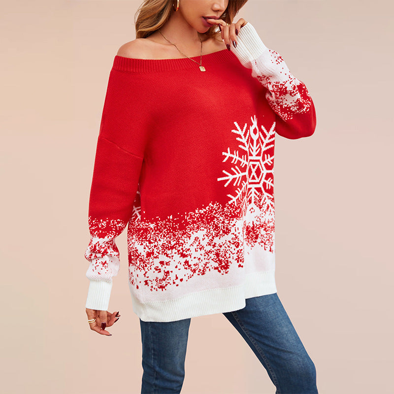Womens Oversized Off Shoulder Snowflake Christmas Sweater