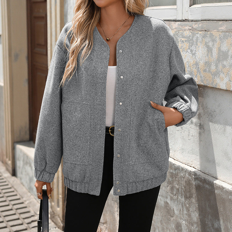 Solid Color Zip Up Casual Loose Fit Long Sleeve Jacket