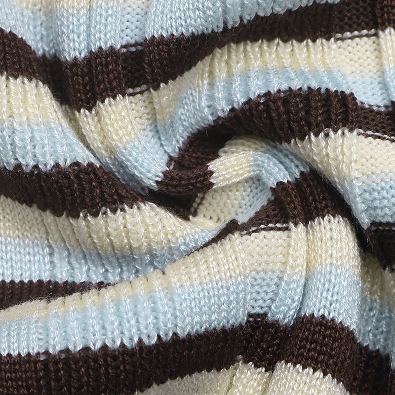 Striped Ribbed Cotton Sweater Colorblock Slim Fit Top