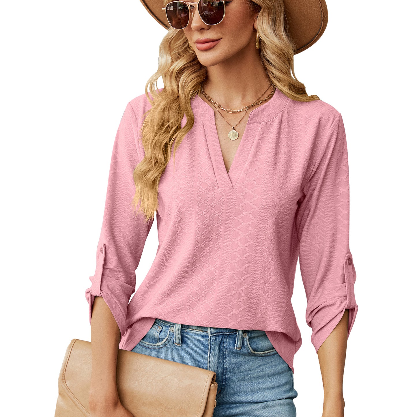 Women's V Neck 3/4 Sleeve Button Loose Fit Blouse Top